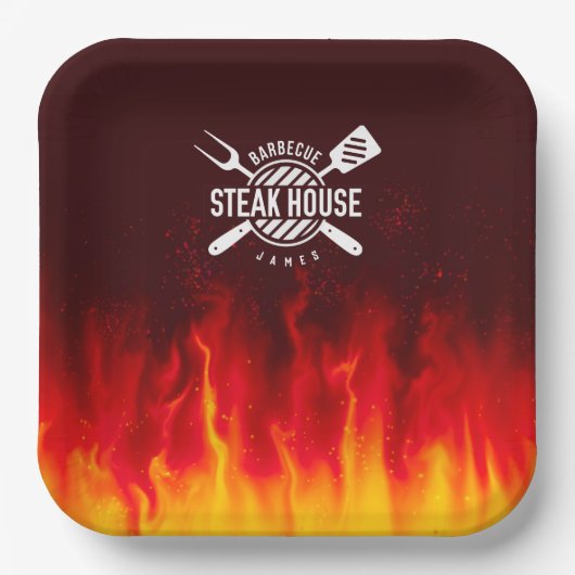 Assiettes En Carton Flammes grill barbecue — Steak House personnalisée (Recto)