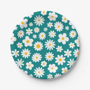 Assiettes En Carton Flat moderne marguerite graphique Turquoise bleu