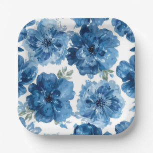 Assiettes En Carton Fleur Bleue Aquarelle Botanique Florale Blanche
