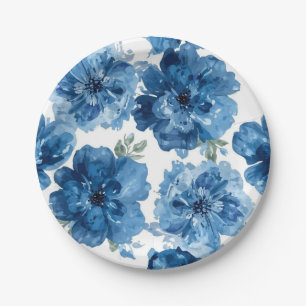 Assiettes En Carton Fleur Bleue Aquarelle Floral Botanique Blanc