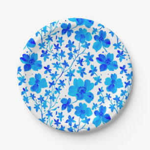 Assiettes En Carton Fleur botanique en bleu foncé et blanc