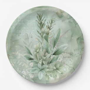 Assiettes En Carton Fleur botanique verte menthe vintage (1)