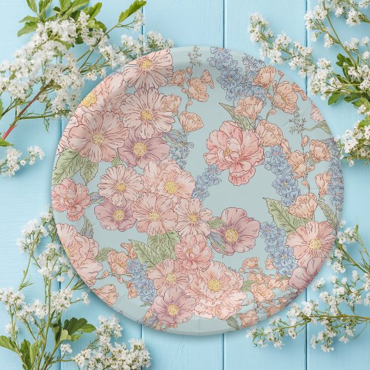 Assiettes En Carton Fleur chic rose et bleu shabby