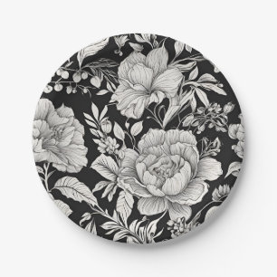 Assiettes En Carton Fleur Classique Noir et Blanc Vintage