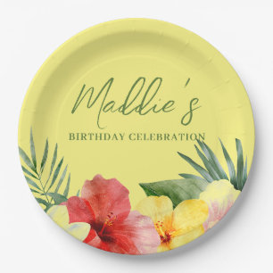 Assiettes En Carton Fleur d'anniversaire hawaïenne jaune