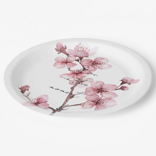 Assiettes En Carton Fleur de cerise rose blanche (Angle)