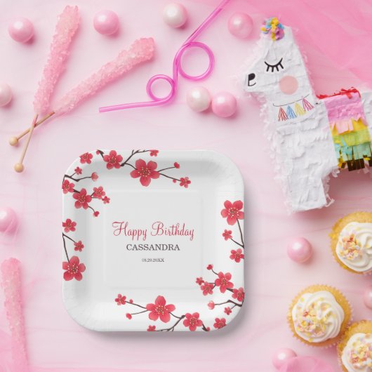 Assiettes En Carton Fleur de cerise rouge sucrée Sakura Fleur Annivers (Fête)