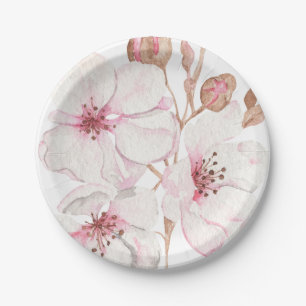 Assiettes En Carton Fleur de Cerisier Dessinée à la Main Illustrée