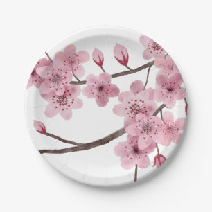 Assiettes En Carton Fleur de cerisier rose en mélange de médias