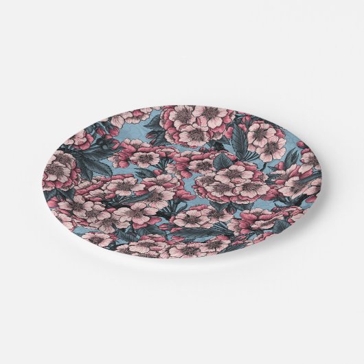 Assiettes En Carton Fleur de cerisier rose et bleu (Angle)
