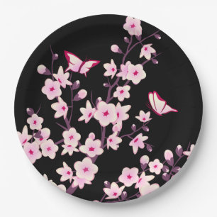 Assiettes En Carton Fleur de cerisier rose noir