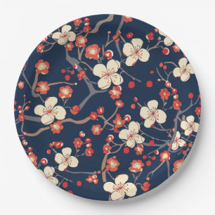 Assiettes En Carton Fleur de Cerisier Rouge Navy Floral Japonais