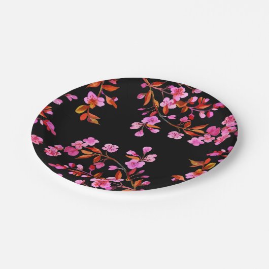 Assiettes En Carton Fleur de cerisier Sakura Floral rose noir (Angle)