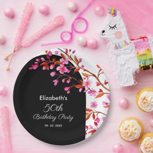 Assiettes En Carton Fleur de cerisier Sakura noir blanc Anniversaire (Fête)