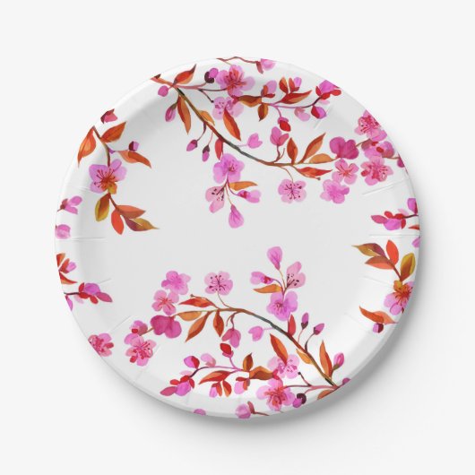 Assiettes En Carton Fleur de cerisier Sakura rose floral blanc (Devant)