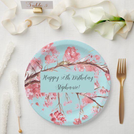 Assiettes En Carton Fleur de cerisier Sakura Rose Turquoise Anniversai (Mariage)