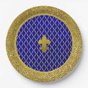 Assiettes En Carton Fleur de lis bleu et or Toute occasion