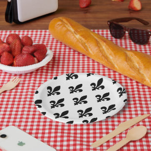 Assiettes En Carton Fleur de Lis Motif, Royal French, Noir sur Blanc