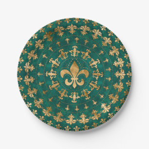 Assiettes En Carton Fleur de lis ornement Emerald Green