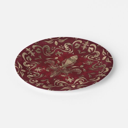 Assiettes En Carton Fleur de lis rouge et or (Angle)