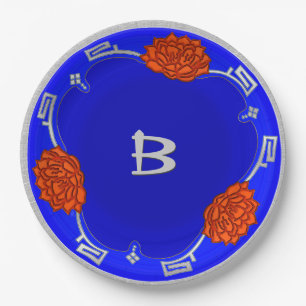 Assiettes En Carton Fleur de lotus monogramme - Bleu, Rouge, Argent