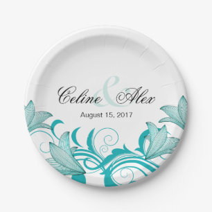Assiettes En Carton Fleur de Lyrica Floral Mariage TURQUOISE