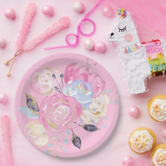 Assiettes En Carton Fleur de Parties scintillant d'or Pastel (Fête)