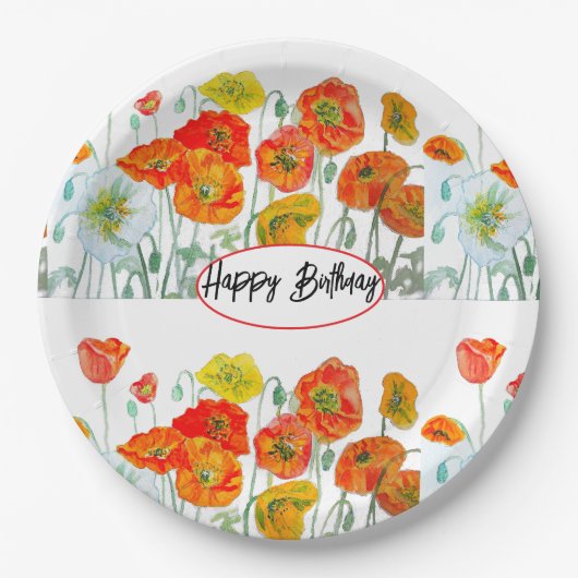 Assiettes En Carton Fleur de pavot rouge orange Aquarelle Anniversaire (Devant)