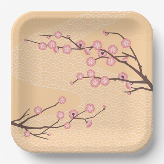 Assiettes En Carton Fleur de prune rose sur jaune (Recto)