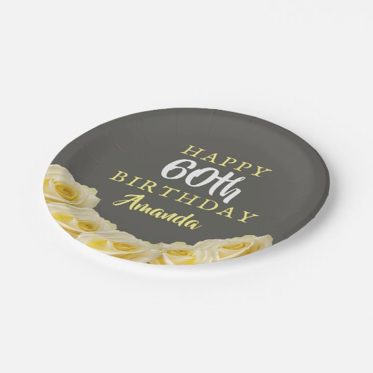 Assiettes En Carton Fleur de rose jaune 60e anniversaire (Angle)