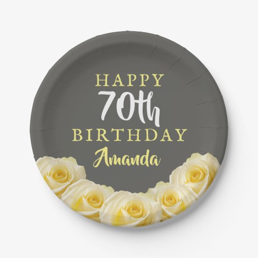 Assiettes En Carton Fleur de rose jaune 70e anniversaire (Devant)