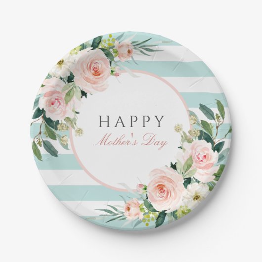 Assiettes En Carton Fleur de Rose rousse et rayures Fête des mères (Devant)