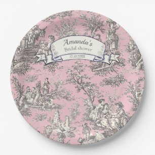 Assiettes En Carton Fleur de style vintage rose toile de Jouy grise