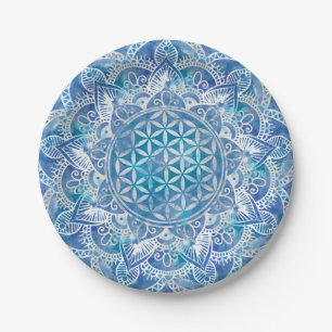 Assiettes En Carton Fleur de vie à Lotus - Aquarelle Bleue