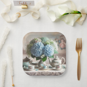 Assiettes En Carton Fleur d'hortensia bleu de temps de thé vintage