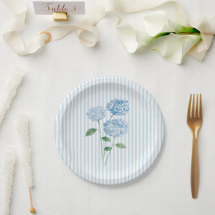 Assiettes En Carton Fleur d'Hortensia Bleu Mariage personnalisé Rayure