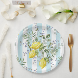 Assiettes En Carton Fleur d'Itale au citron rayure florale méditerrané