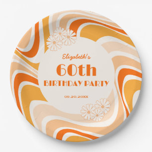 Assiettes En Carton Fleur d'onde rétro Orange Pêche Anniversaire