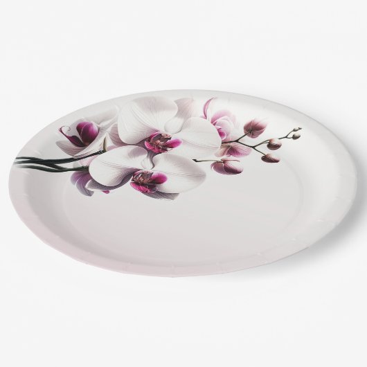 Assiettes En Carton Fleur d'orchidée rose et blanc Mariage (Angle)