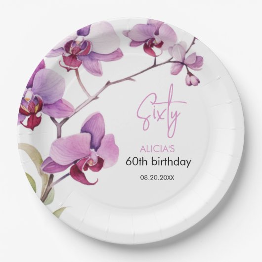 Assiettes En Carton Fleur d'orchidées pourpres 60e anniversaire (Devant)