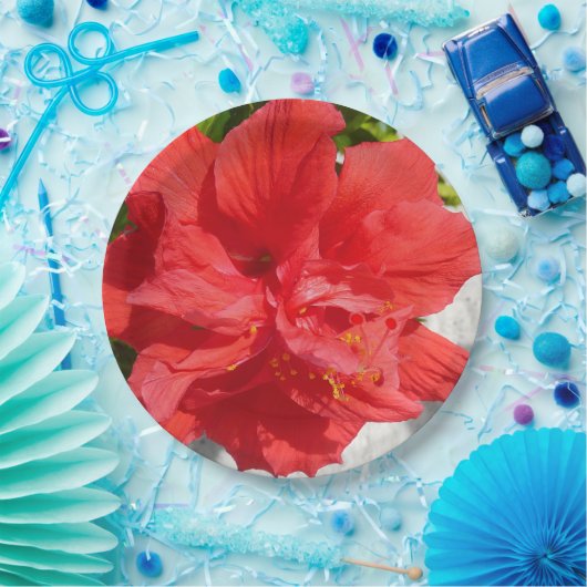 Assiettes En Carton Fleur double hibiscus rouge (Fête)