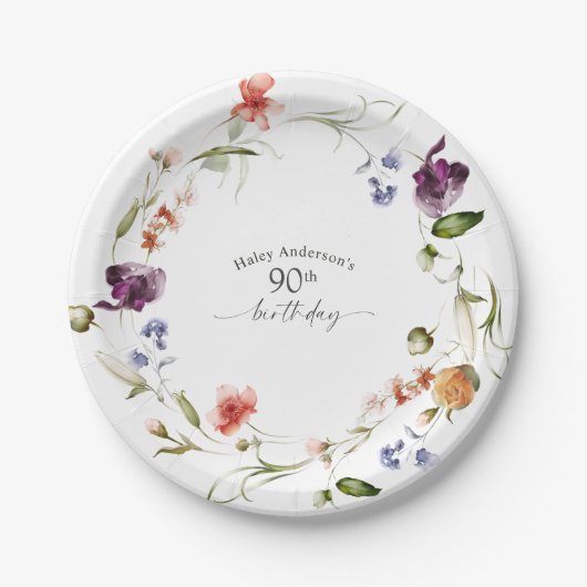Assiettes En Carton Fleur féminine fleur sauvage 90e fête d'anniversai (Devant)