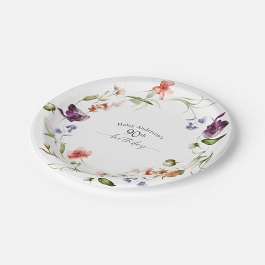 Assiettes En Carton Fleur féminine fleur sauvage 90e fête d'anniversai (Angle)