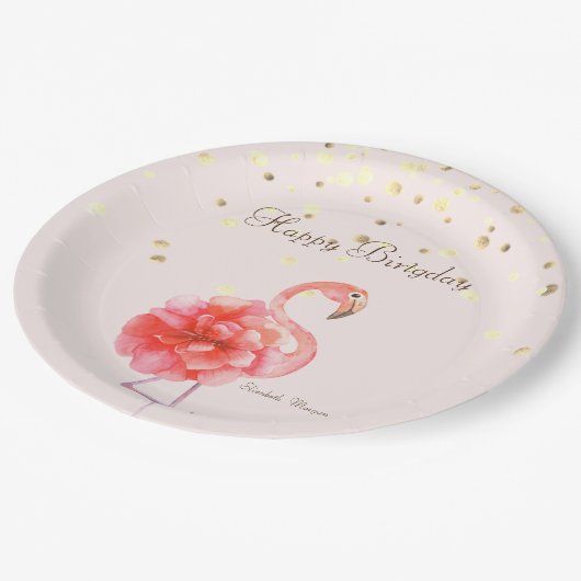 Assiettes En Carton Fleur Flamant rose rose, Confetti Or (Angle)