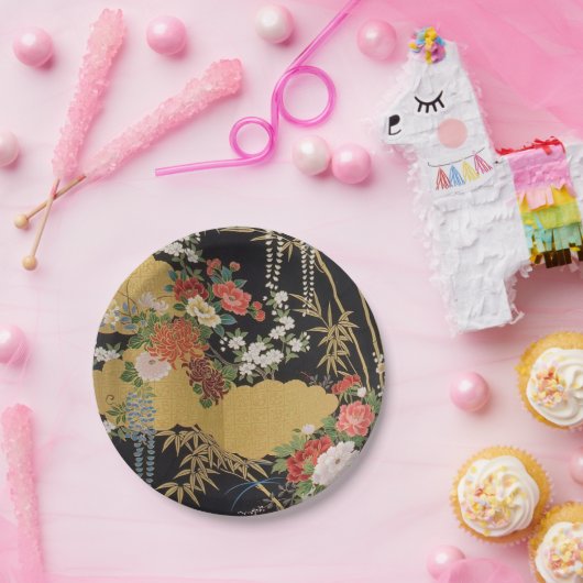 Assiettes En Carton Fleur florale japonaise Kimono noir et or (Fête)