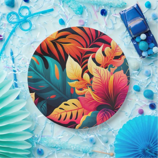 Assiettes En Carton Fleur hawaïenne motif tropical fleuri lumineux (Fête)