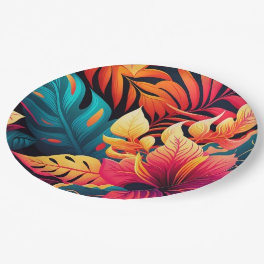Assiettes En Carton Fleur hawaïenne motif tropical fleuri lumineux (Angle)