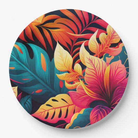Assiettes En Carton Fleur hawaïenne motif tropical fleuri lumineux (Devant)