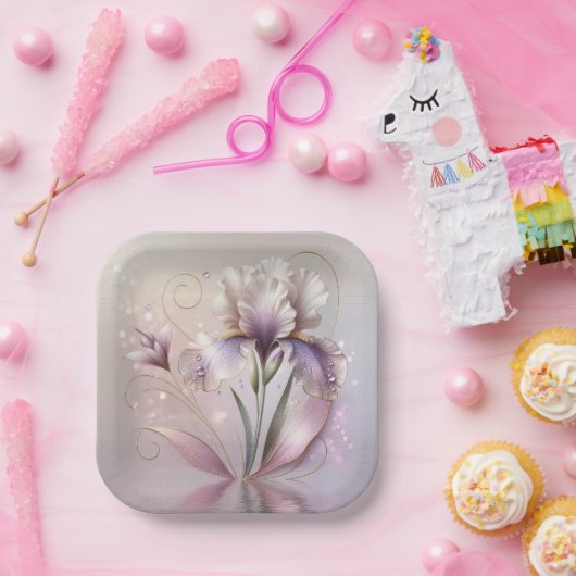 Assiettes En Carton Fleur Iris Avec Étapes Or (Fête)