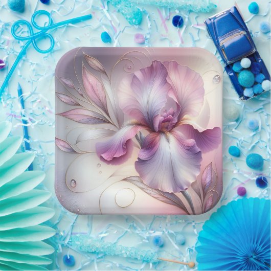 Assiettes En Carton Fleur Iris Avec Etch Or (Fête)